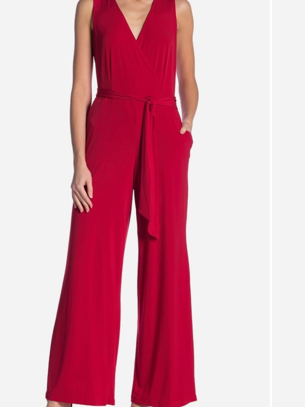 Calvin Klein Red Sleeveless V-Neck Wide-Leg Jumpsuit with Tie Waist